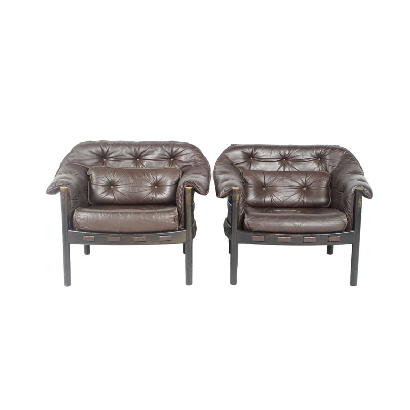 Pair of vintage brown leather armchairs 1960s