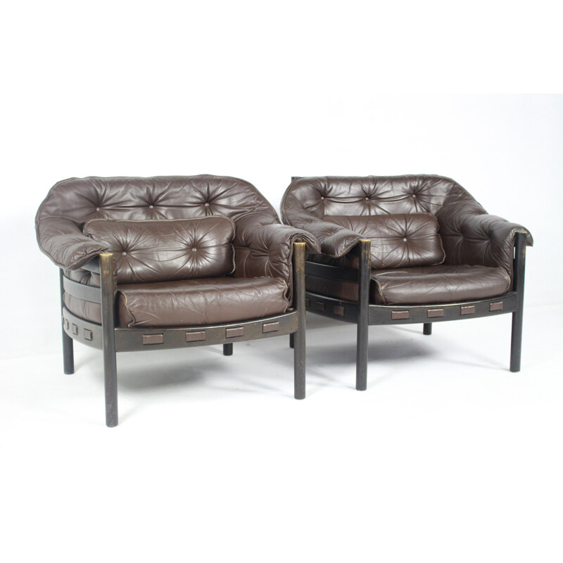 Pair of vintage brown leather armchairs 1960s