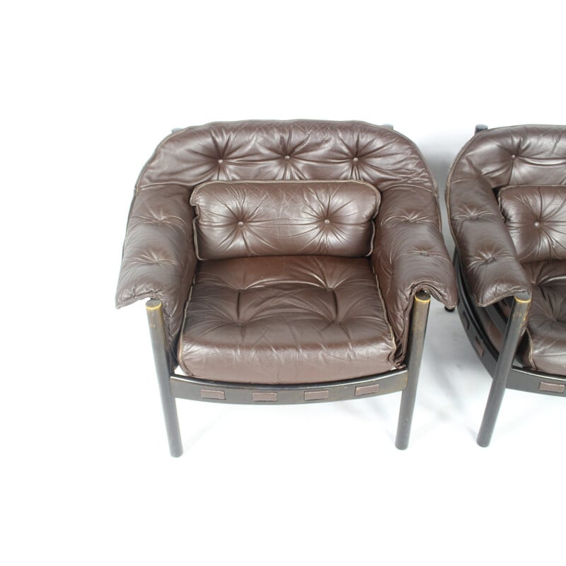 Paire de fauteuils en cuir vintage brun 1960