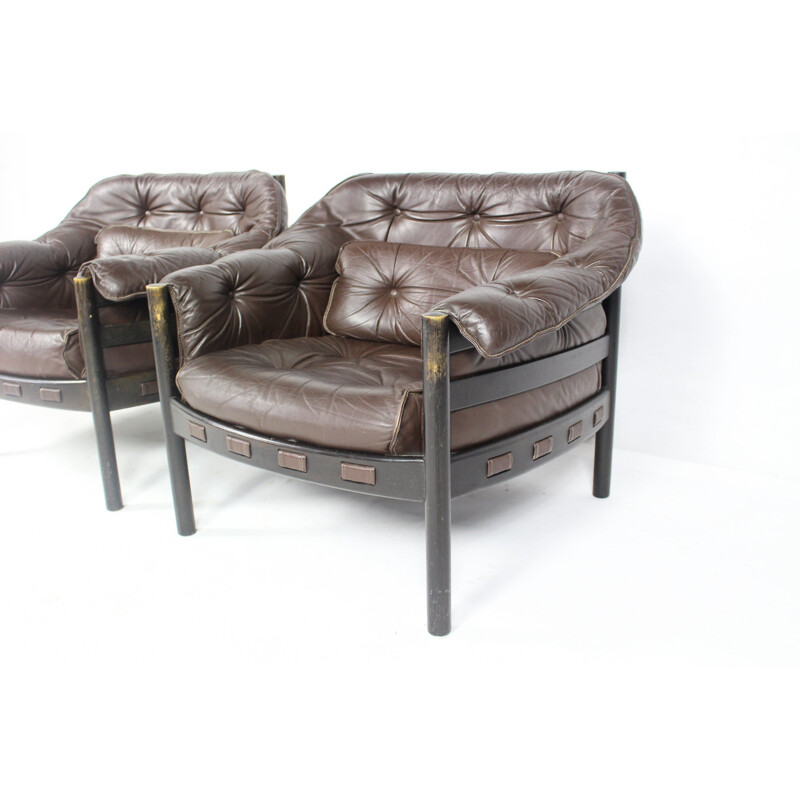 Pair of vintage brown leather armchairs 1960s