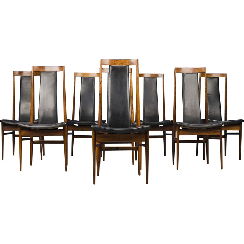 Set of 8 vintage leather and rosewood chairs, Danish 1960