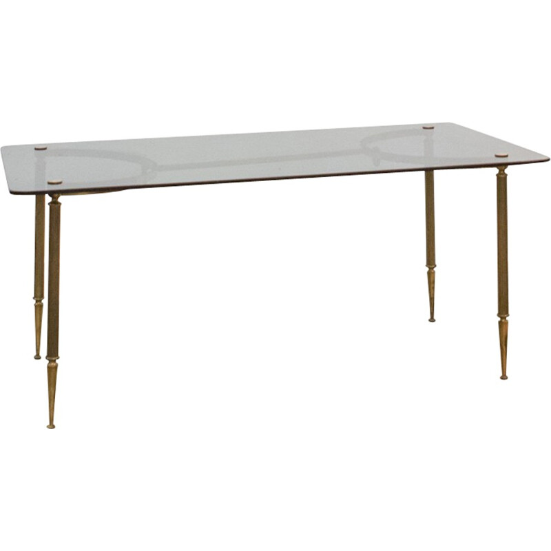 Coffee table in golden metal and smocked glass - 1950s