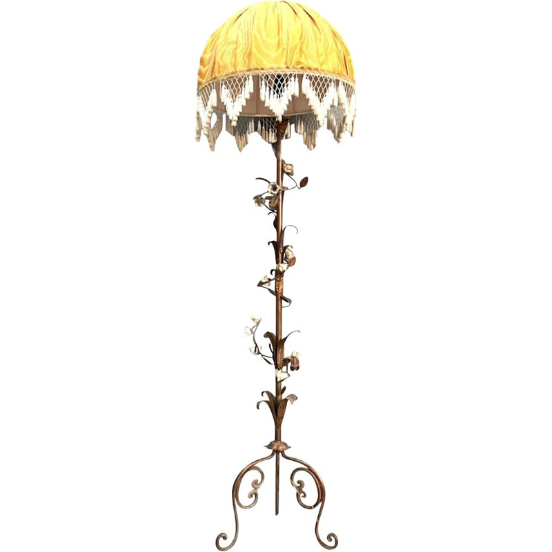 Vintage Copper & Porcelain Flower Floor Lamp Italian