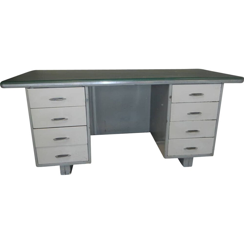 White vintage desk in iron and green leatherette