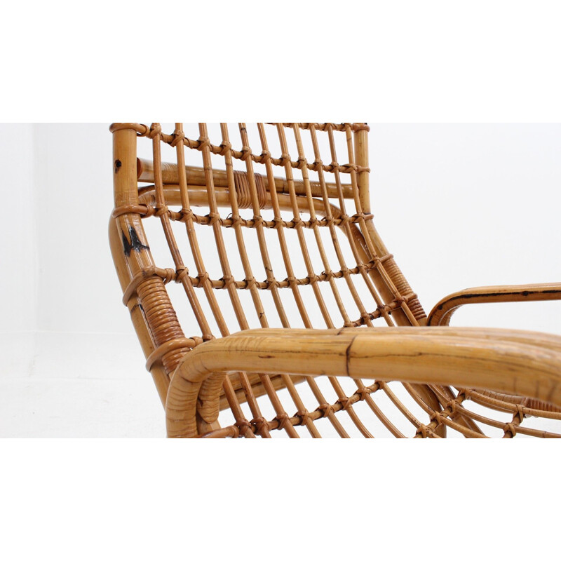 Vintage rattan lounge chairs by Tito Agnoli 1960s