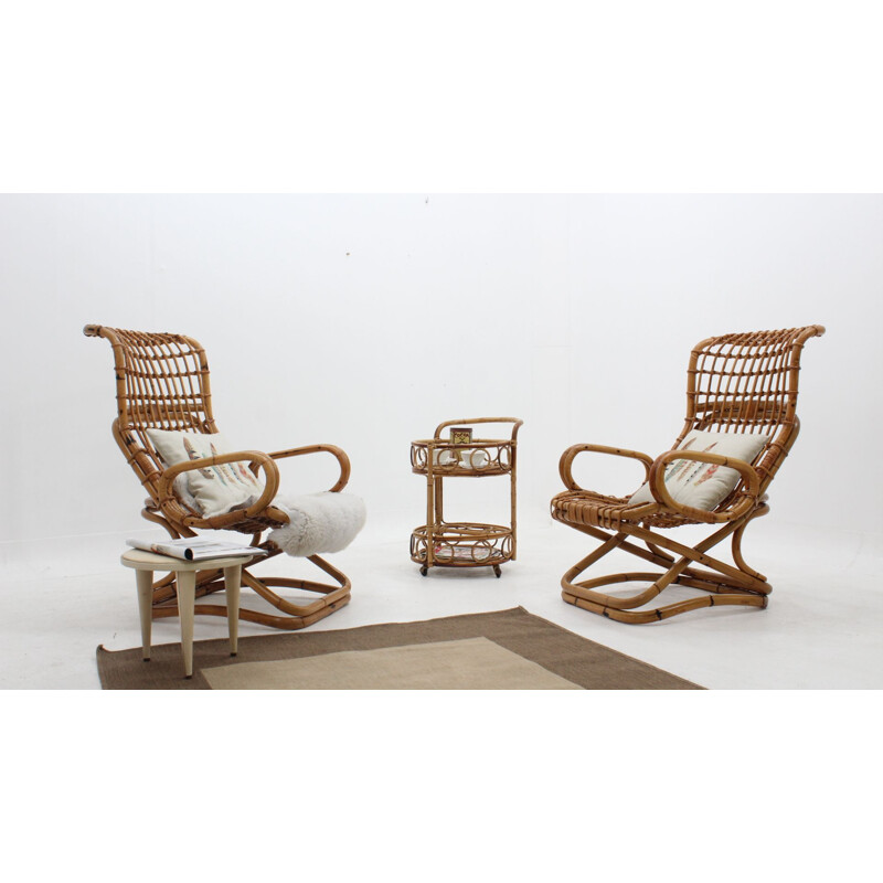 Vintage rattan lounge chairs by Tito Agnoli 1960s