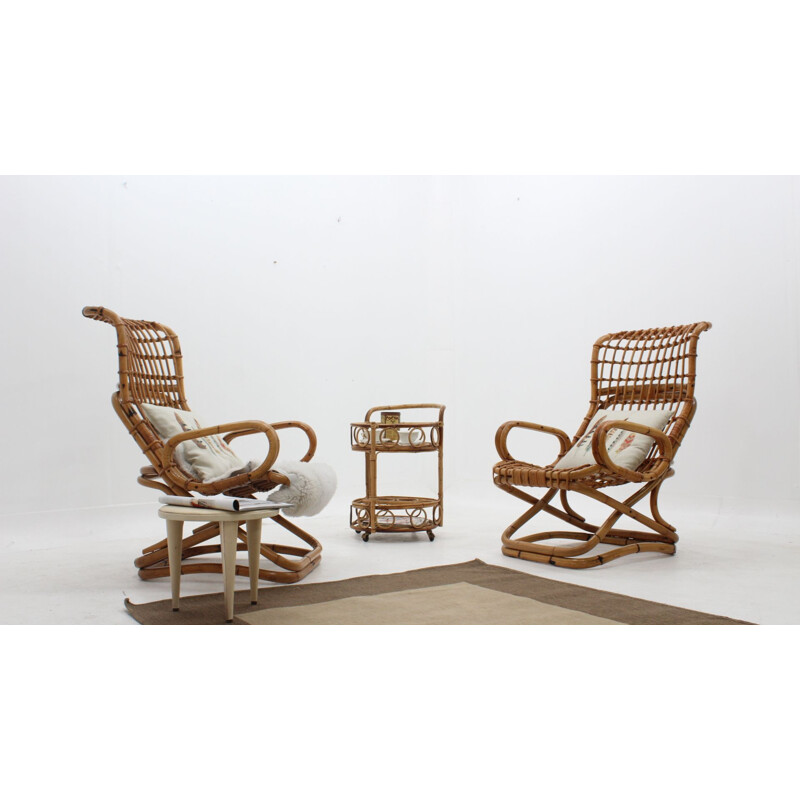 Vintage rattan lounge chairs by Tito Agnoli 1960s