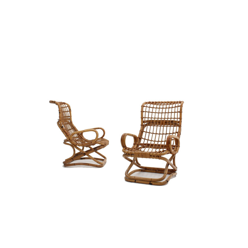 Vintage rattan lounge chairs by Tito Agnoli 1960s
