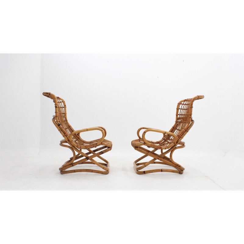 Vintage rattan lounge chairs by Tito Agnoli 1960s