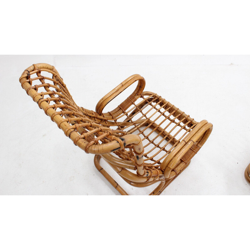 Vintage rattan lounge chairs by Tito Agnoli 1960s