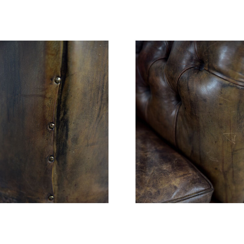 Grand canapé vintage en cuir brun antique Angleterre 1920