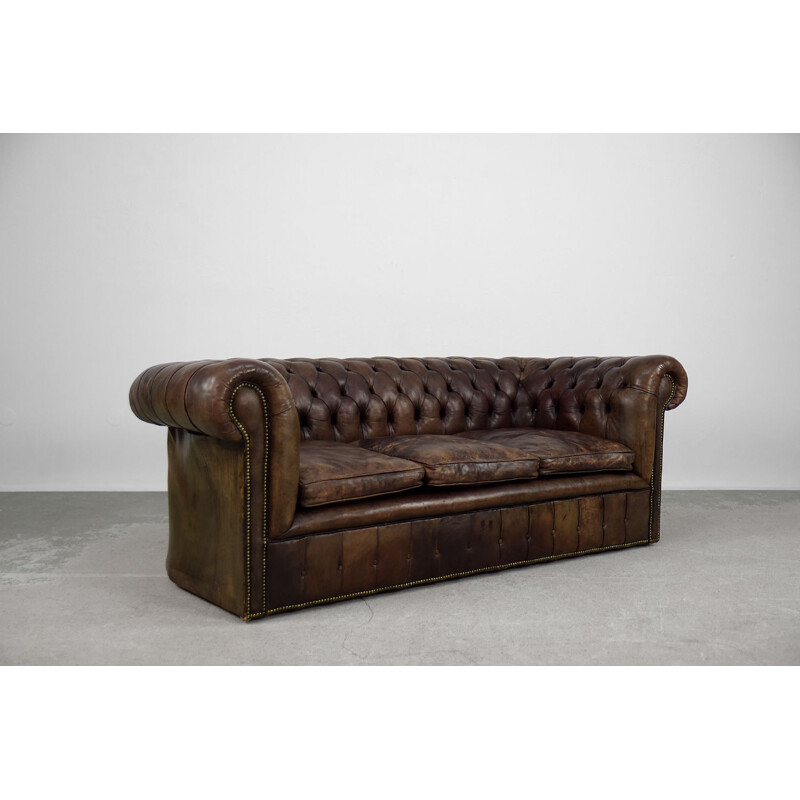Gran sofá de cuero marrón antiguo Inglaterra 1920