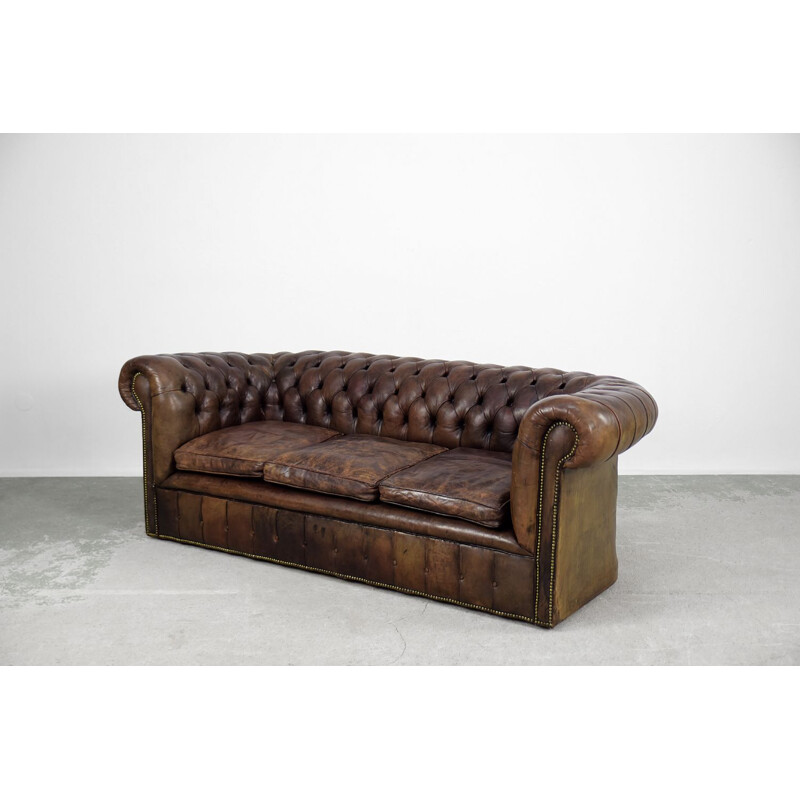 Vintage large antique brown leather sofa England 1920s
