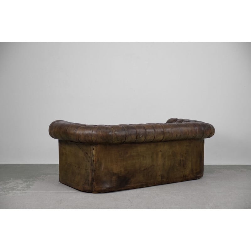 Grande sofá de couro castanho antigo Inglaterra 1920