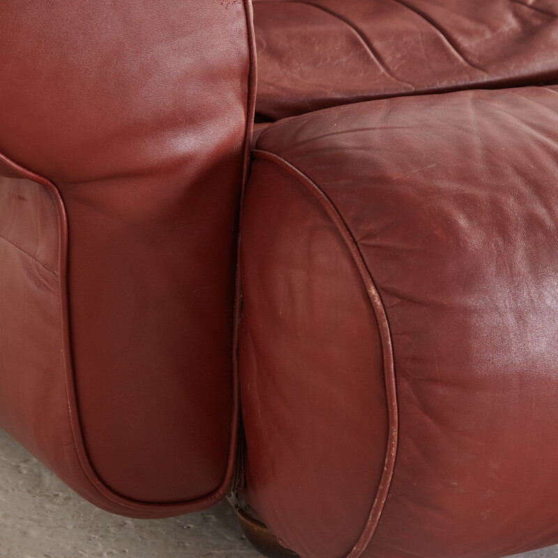 Salon vintage en cuir marron avec tête cylindrique 1960