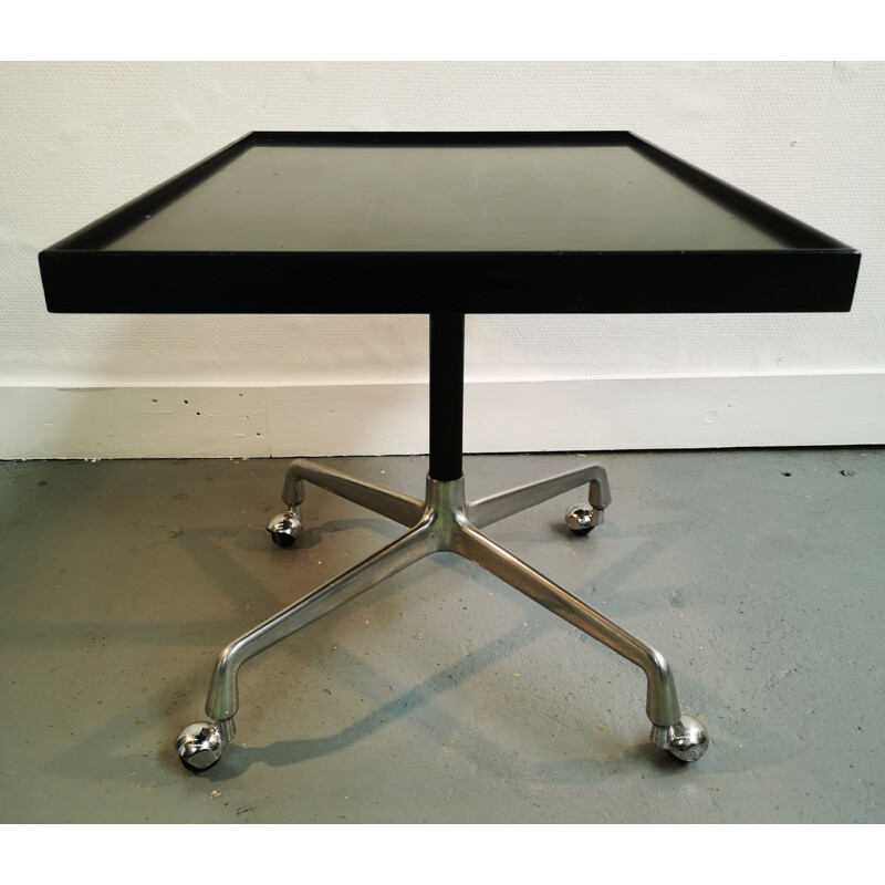 Vintage wood and aluminium coffee table on wheels