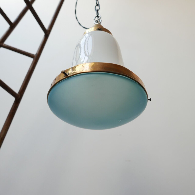 Lampe pendante vintage bicolore en verre bleu Allemand 1930