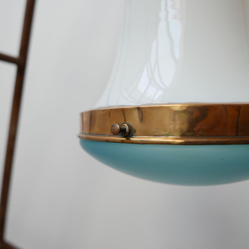 Lampe pendante vintage bicolore en verre bleu Allemand 1930