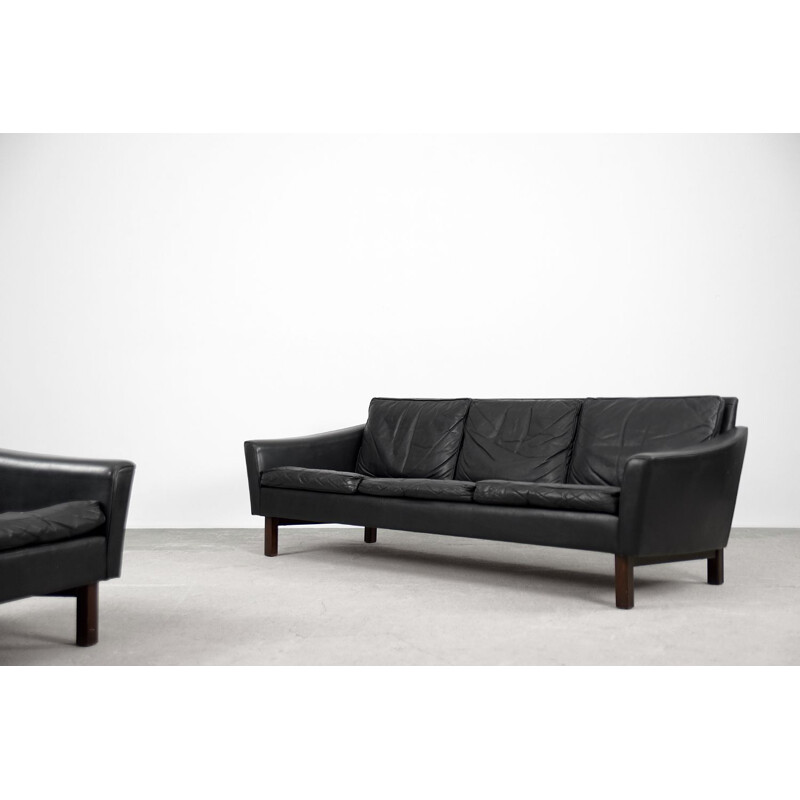 Vintage scandinavian black leather living room set 1960s