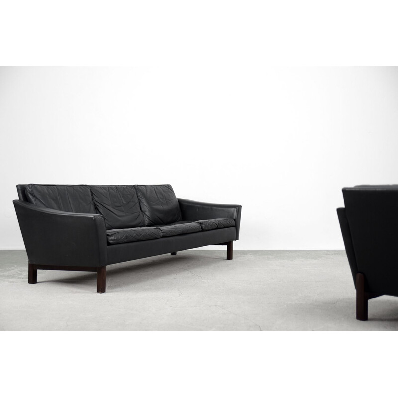 Vintage scandinavian black leather living room set 1960s