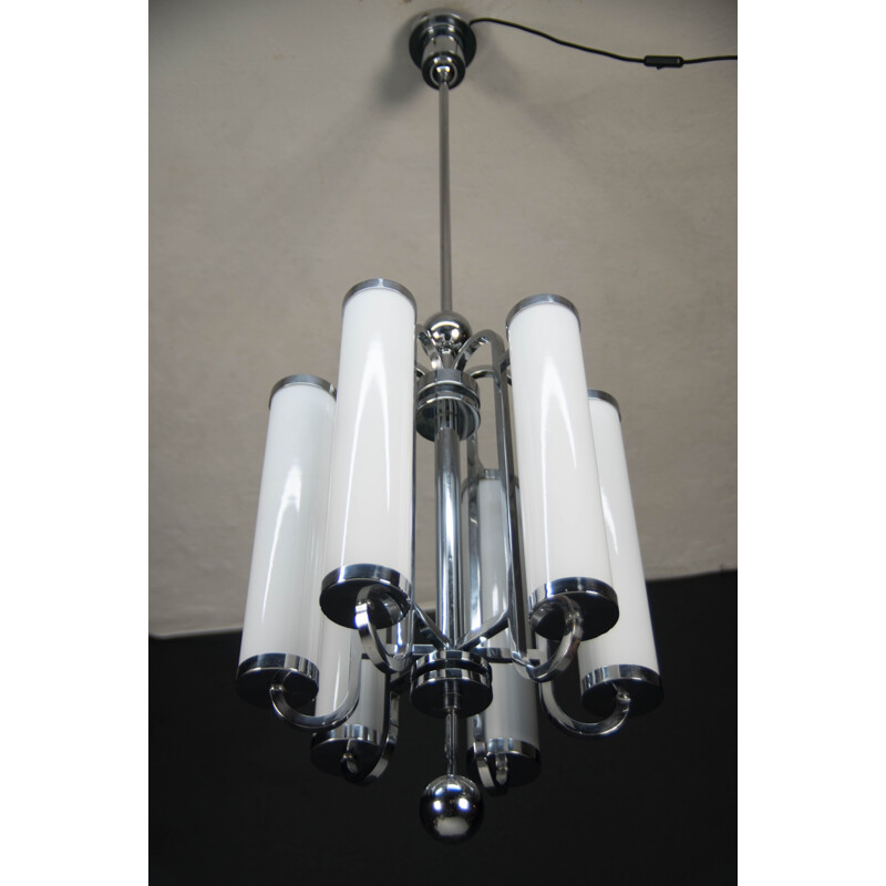 Vintage Large Bauhaus chandelier with 6 tubular shades 1930s