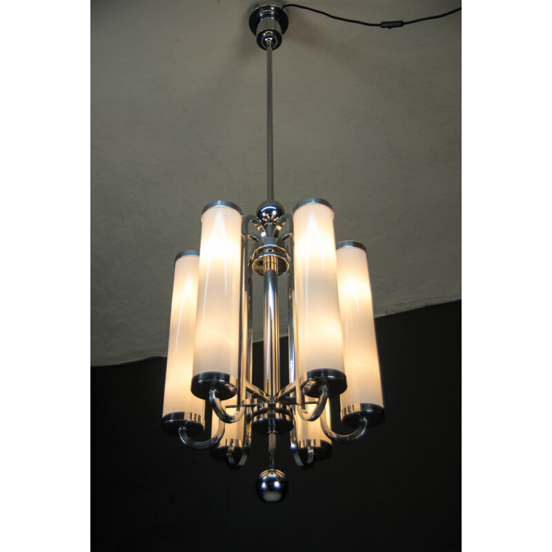 Vintage Large Bauhaus chandelier with 6 tubular shades 1930s