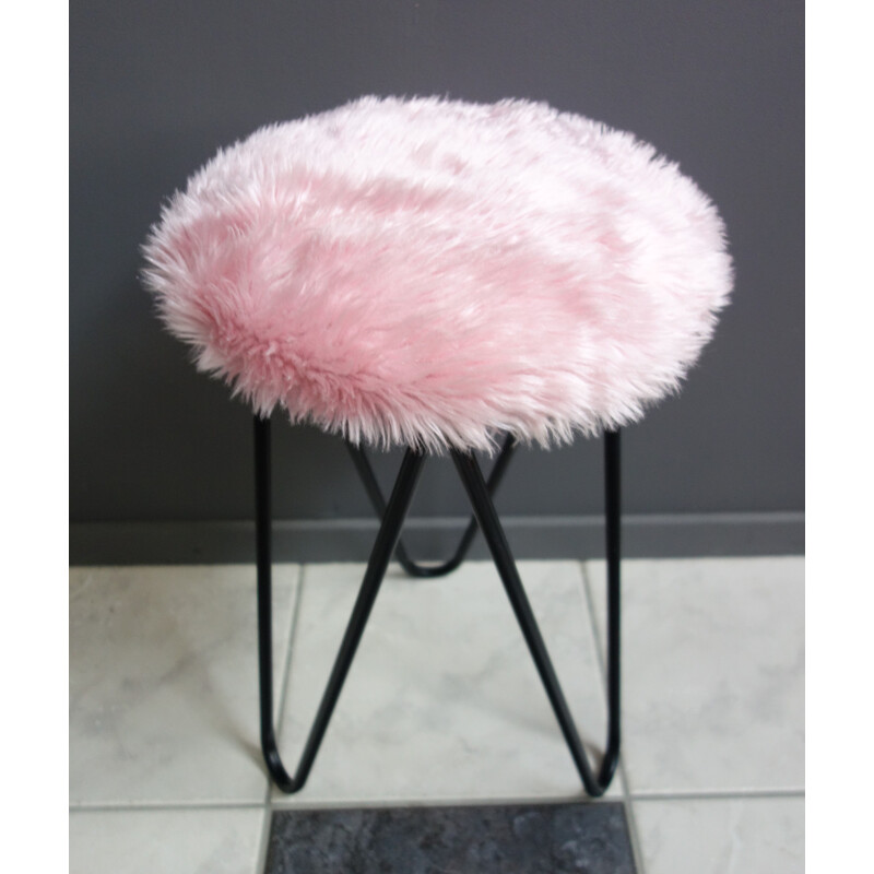 Vintage pink plush stool 1960s