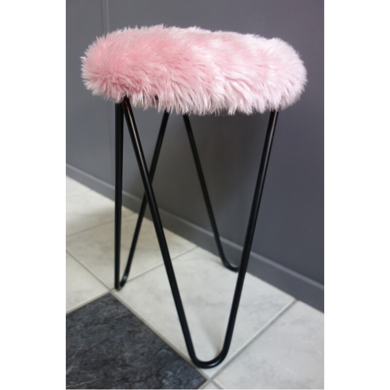 Vintage pink plush stool 1960s