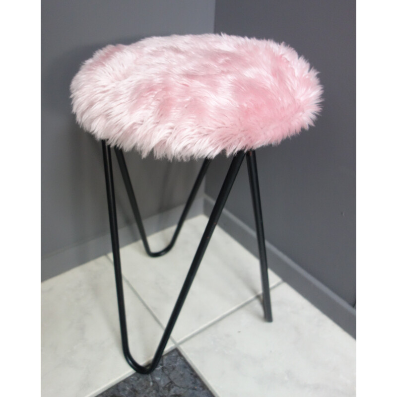 Vintage pink plush stool 1960s