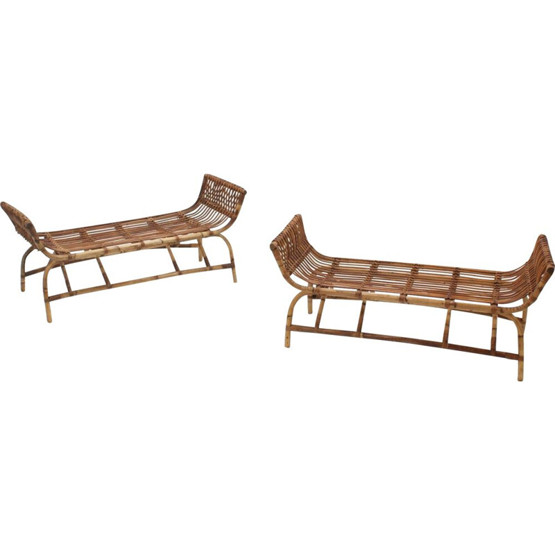 Pair of Vintage Rattan Benches 1950s