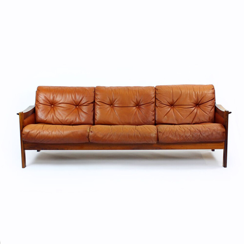 Vintage Cognac leather and solid rosewood  sofa 1970s