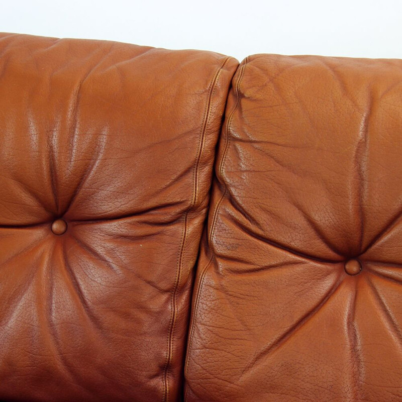 Vintage Cognac leather and solid rosewood  sofa 1970s