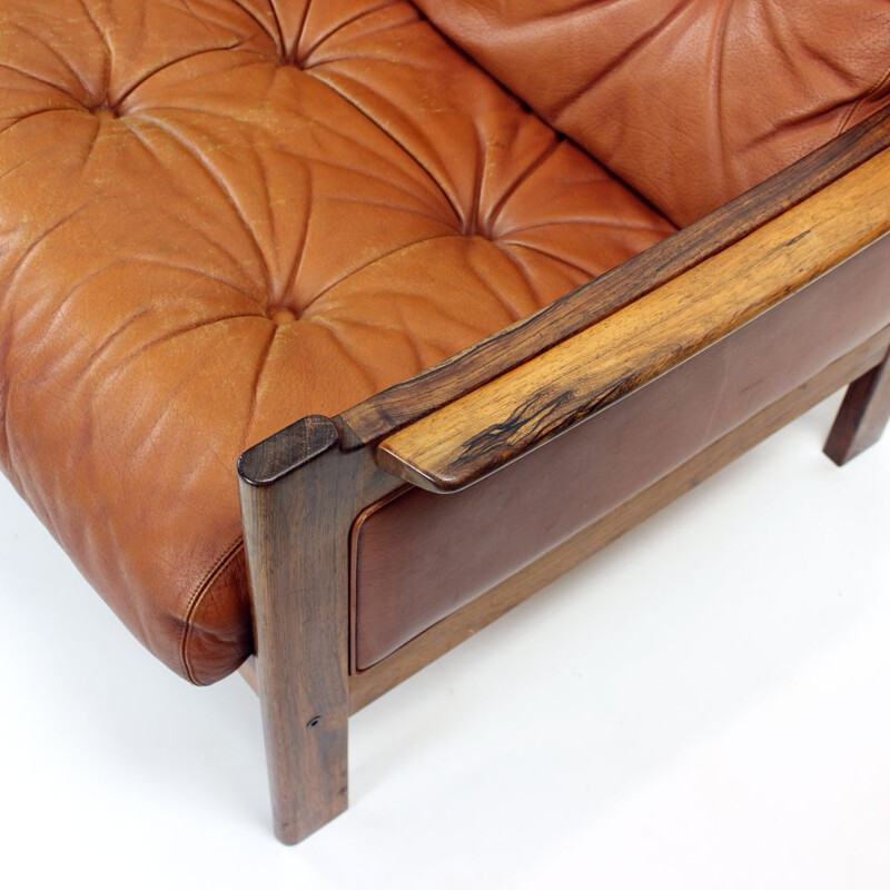 Vintage Cognac leather and solid rosewood  sofa 1970s