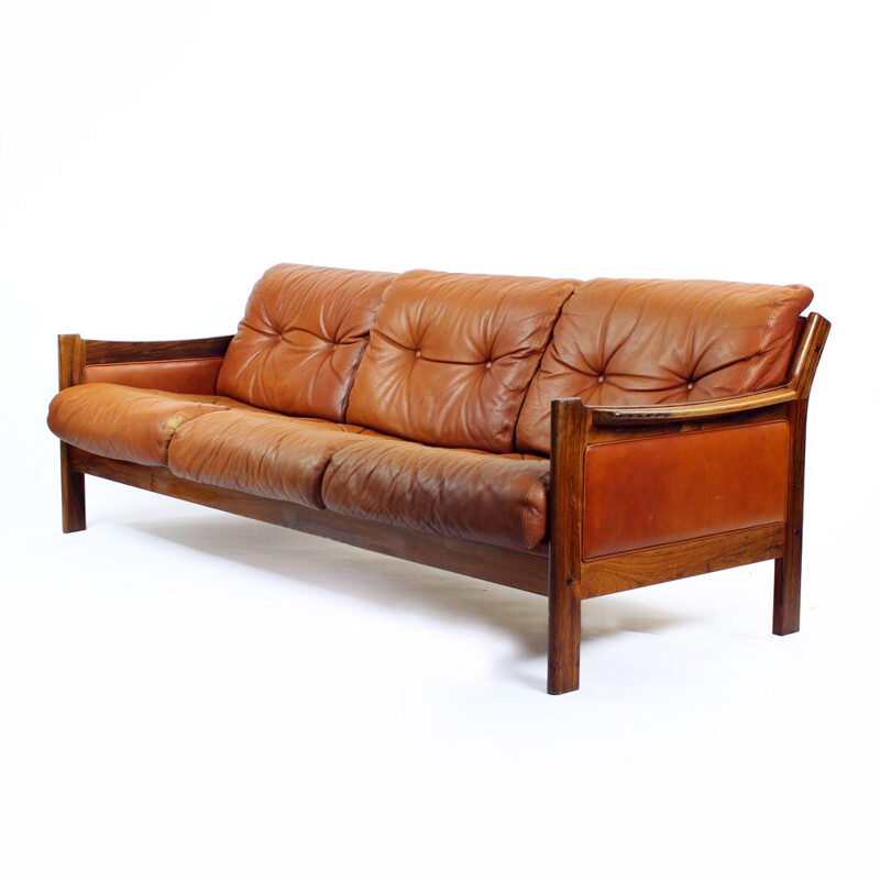 Vintage Cognac leather and solid rosewood  sofa 1970s