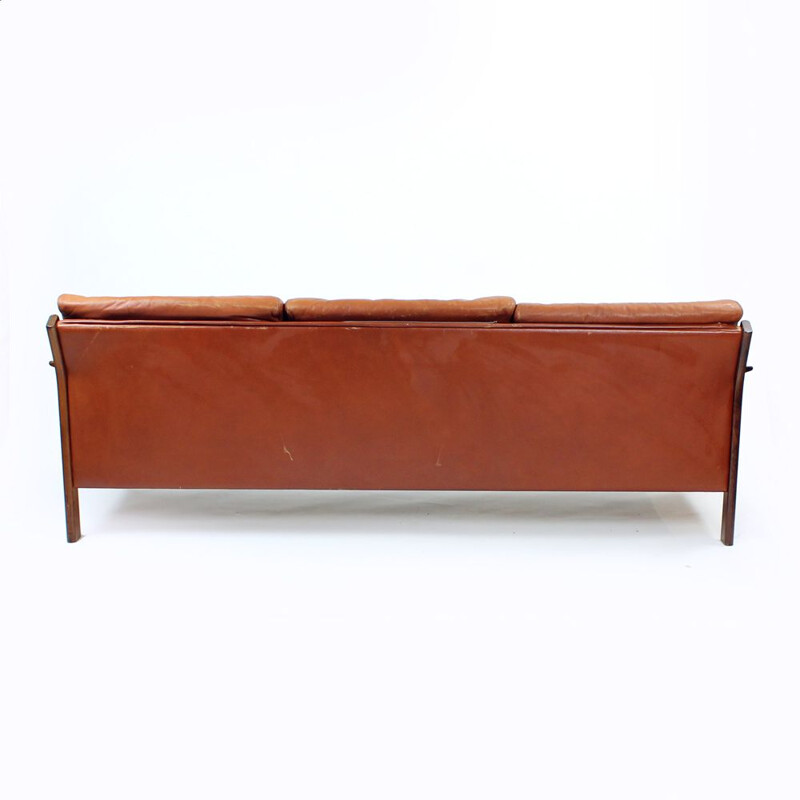 Vintage Cognac leather and solid rosewood  sofa 1970s