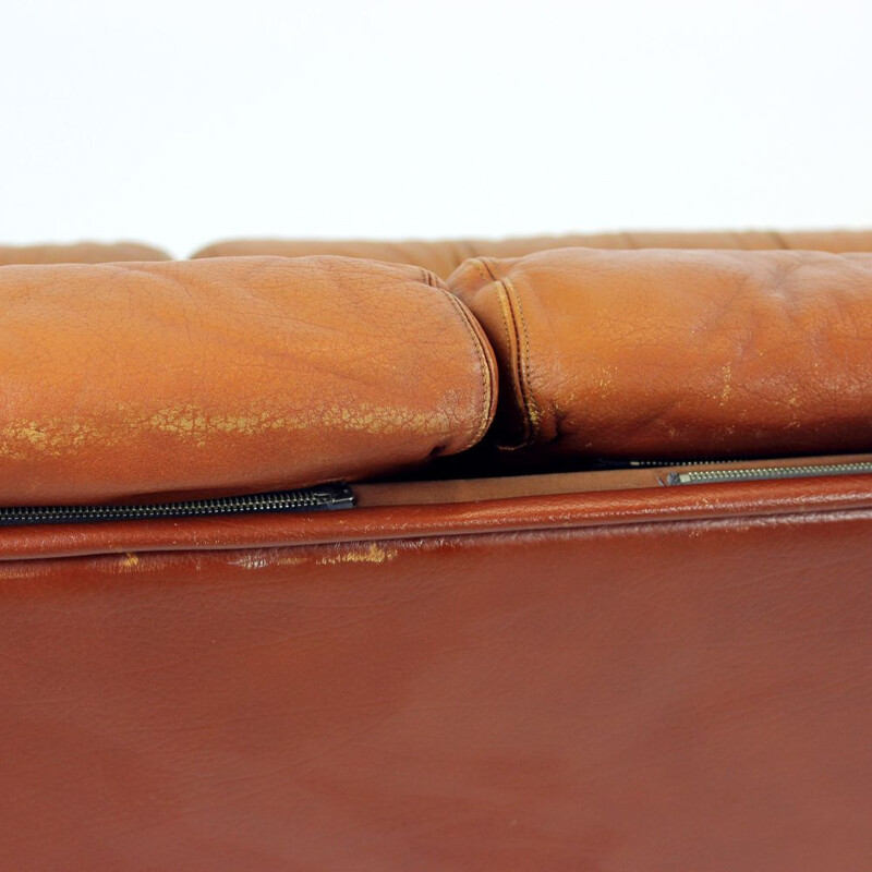 Vintage Cognac leather and solid rosewood  sofa 1970s