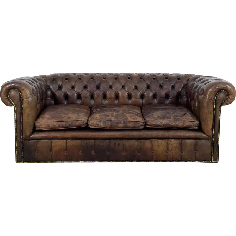 Grand canapé vintage en cuir brun antique Angleterre 1920