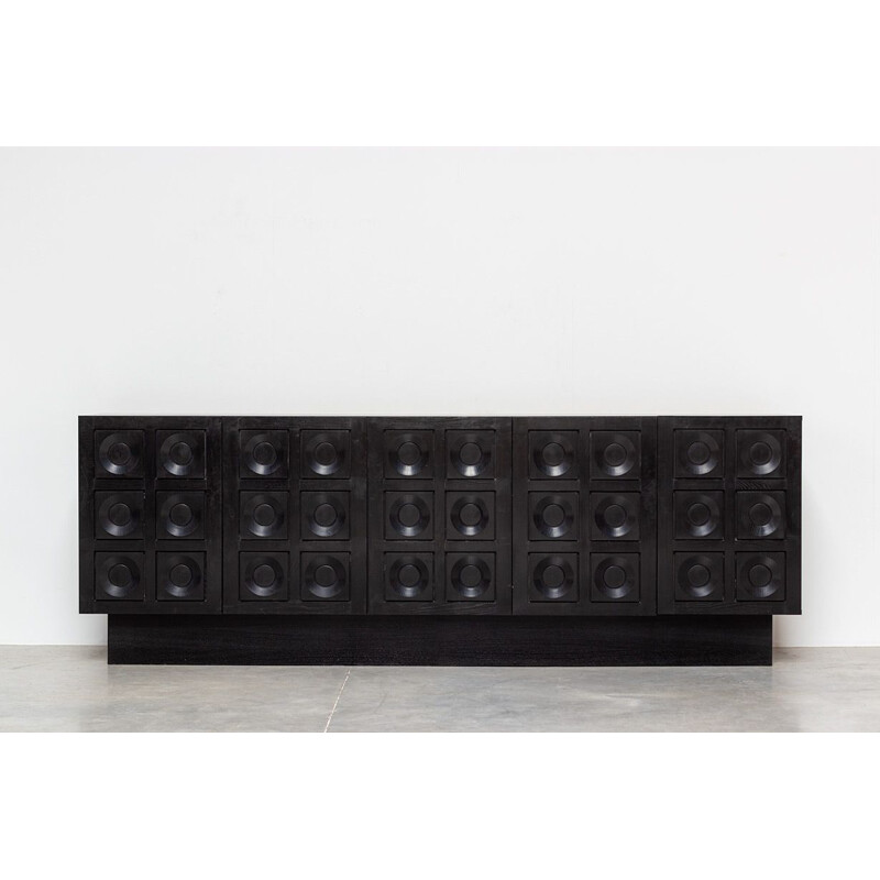 Vintage black brutalist sideboard with geometric doors 1970s