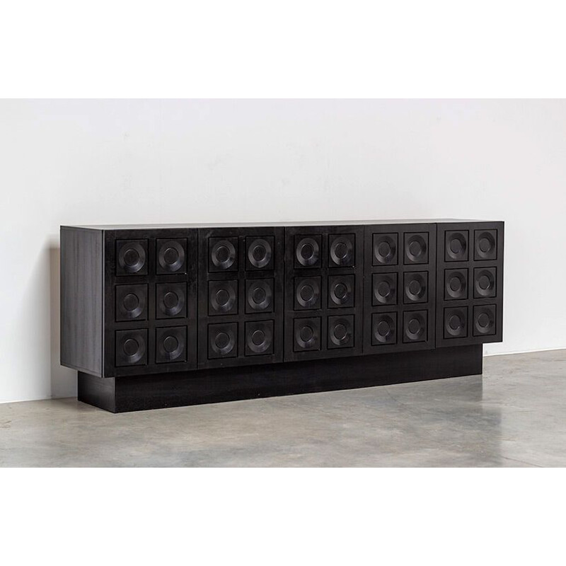 Vintage black brutalist sideboard with geometric doors 1970s