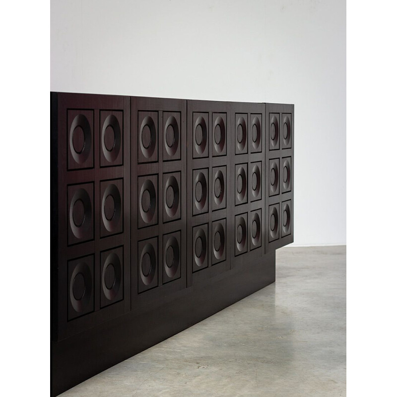 Vintage black brutalist sideboard with geometric doors 1970s