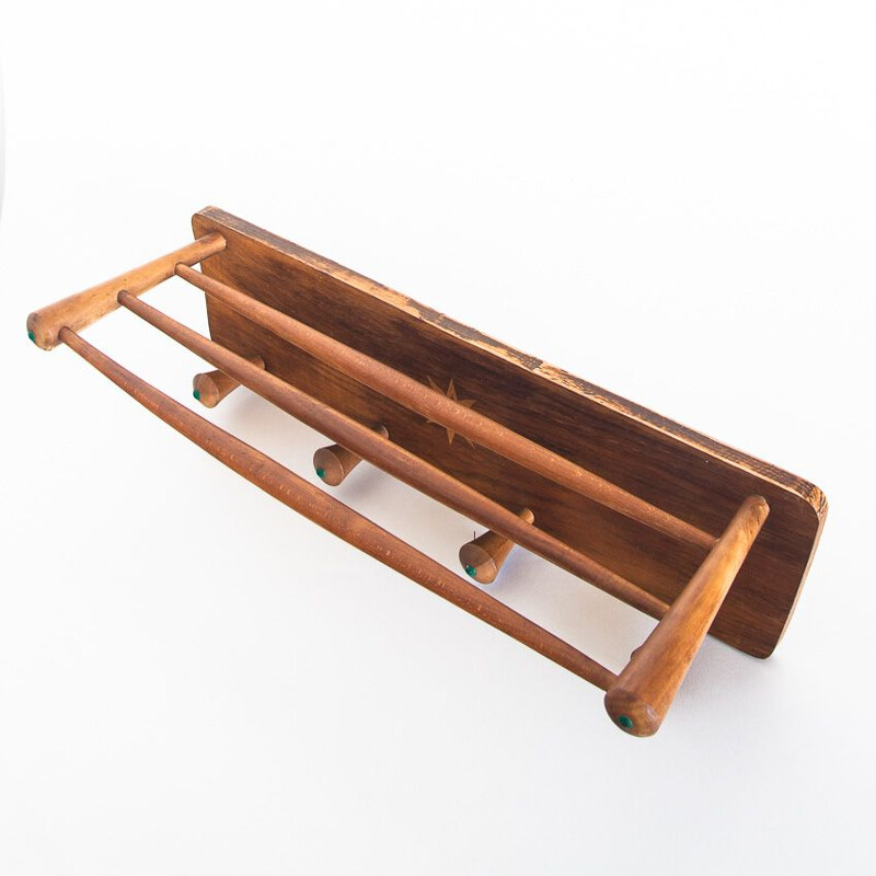 Vintage wall coat rack with top shelf in beech wood Spain 1950s