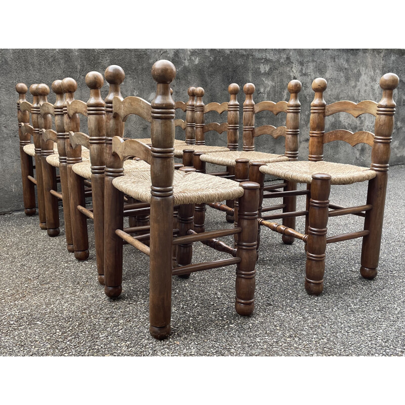 Set of 8 vintage straw chairs in the style of Charles Dudouyt France