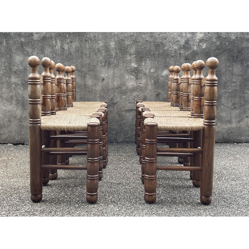 Set of 8 vintage straw chairs in the style of Charles Dudouyt France