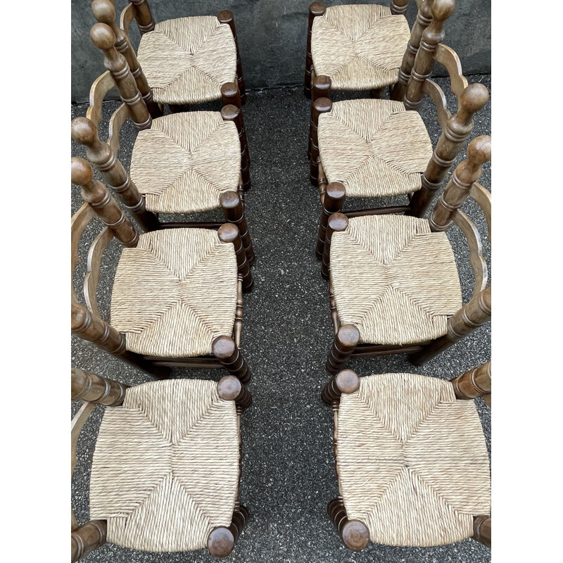 Set of 8 vintage straw chairs in the style of Charles Dudouyt France