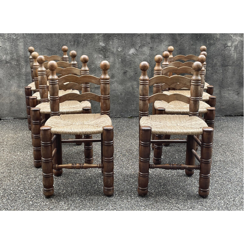 Set of 8 vintage straw chairs in the style of Charles Dudouyt France