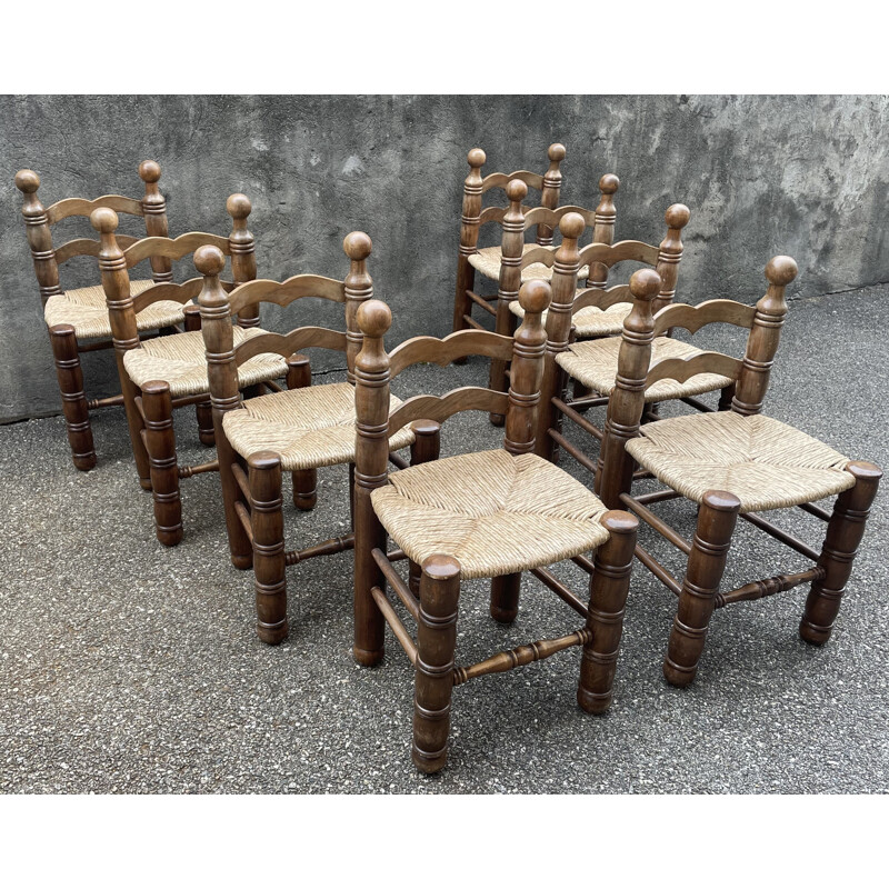 Ensemble de 8 chaises vintage paillées à la manière de Charles Dudouyt France