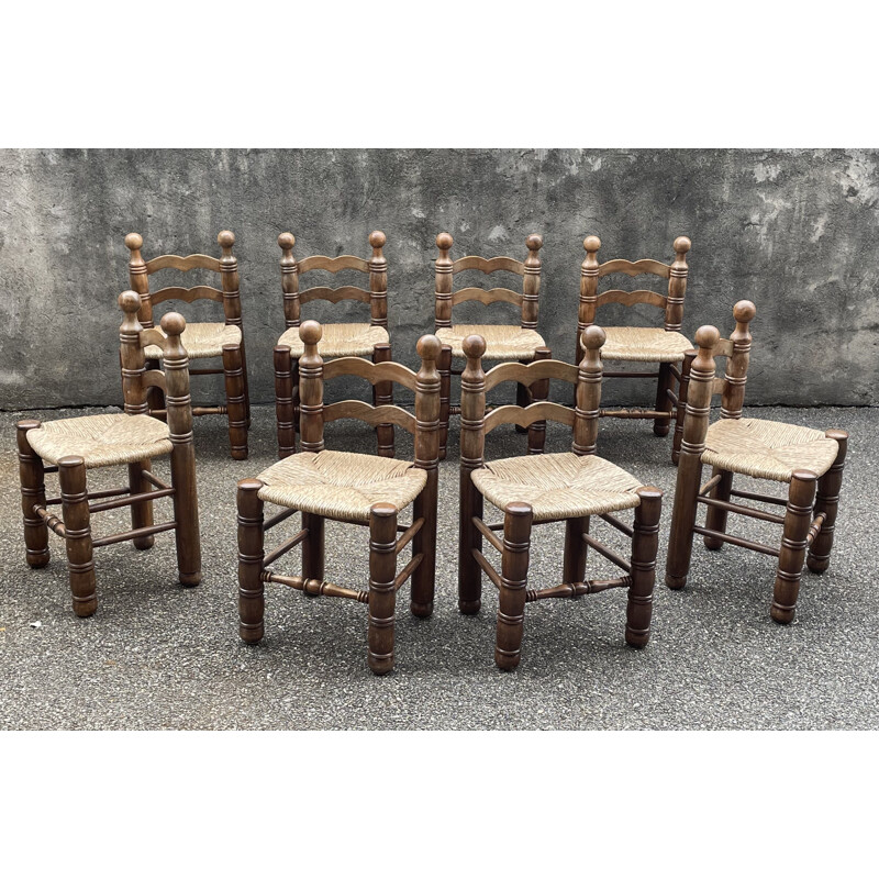 Set of 8 vintage straw chairs in the style of Charles Dudouyt France