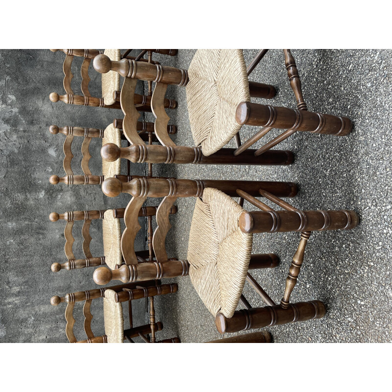 Set of 8 vintage straw chairs in the style of Charles Dudouyt France