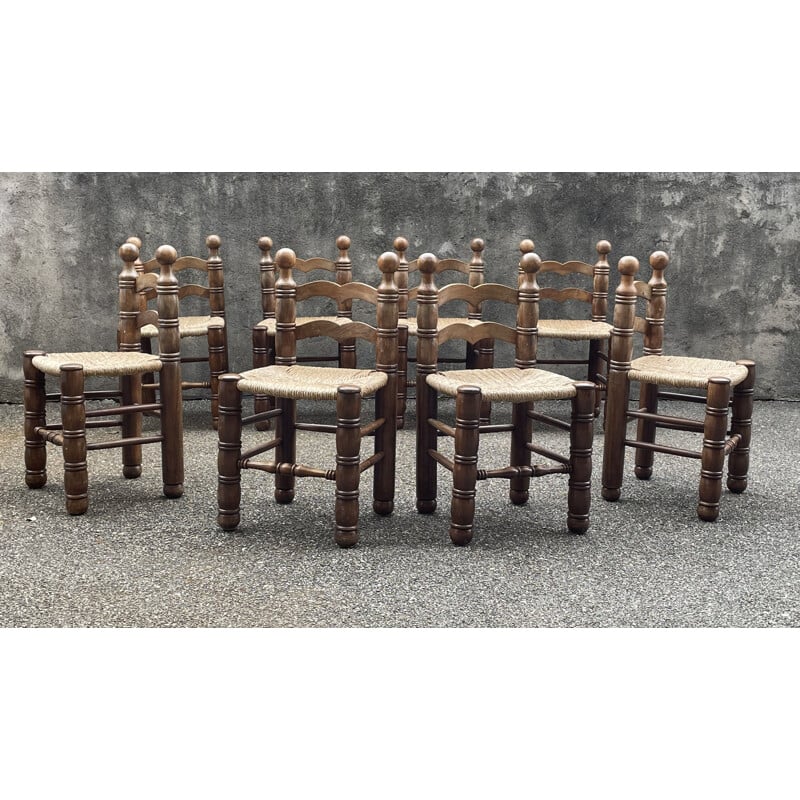 Set of 8 vintage straw chairs in the style of Charles Dudouyt France