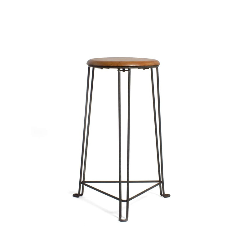 Vintage metal stool with wooden seat